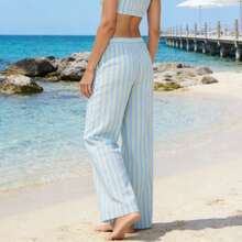 Pantalones Anchos de Mujer a Rayas con Bloque de Color, Cintura Elástica, Largo Completo, Ligeros de Verano con Bolsillos, Delgados y Fluidos para Uso Diario y Vacaciones - Azul - Ver 10