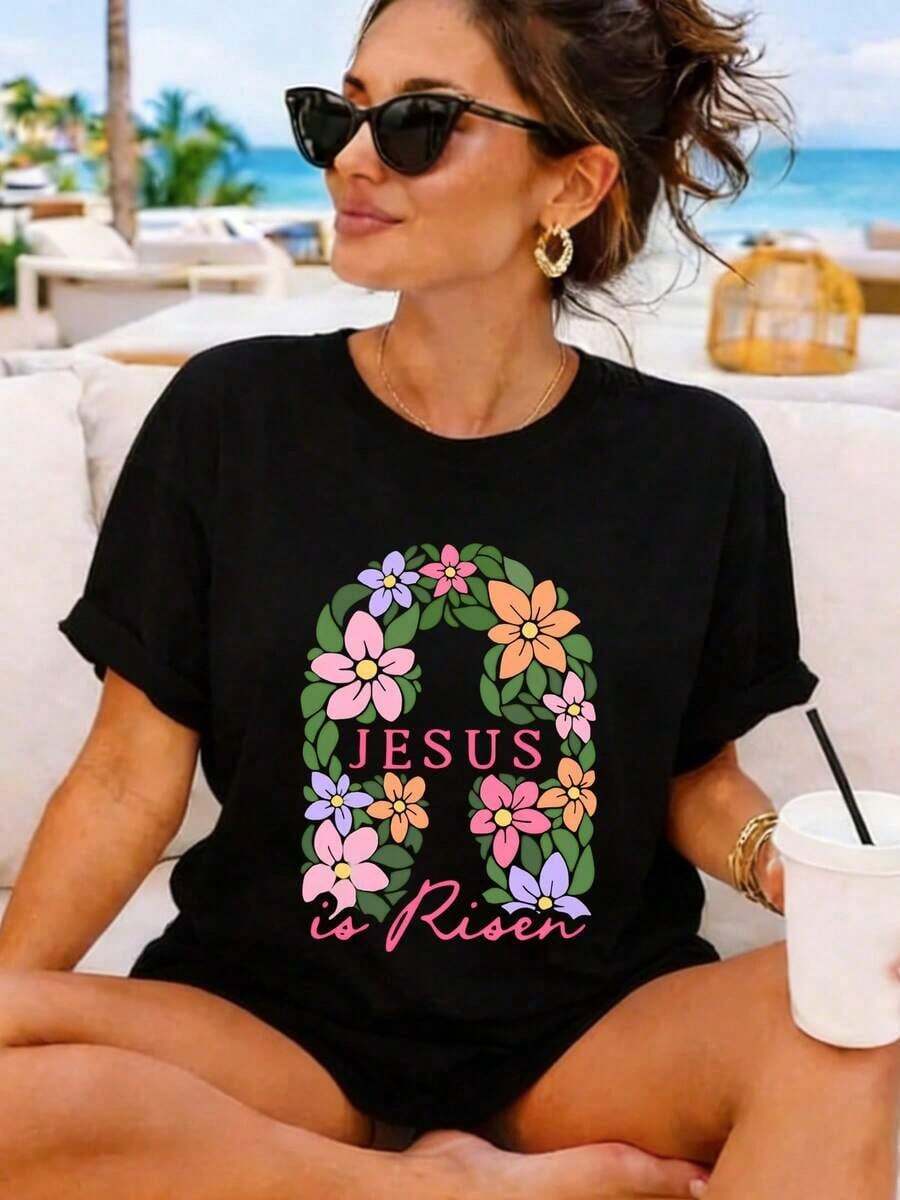 Camiseta de Algodón para Mujer con Estampado Floral y Diseño de Letras Inspiradoras, Manga Corta Casual, Suave y Transpirable para un Estilo Diario de Verano - Negro - Ver 1
