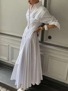 Vestido camisero blanco plisado, cuello solapa, manga larga, cintura alta, botones simples, estilo elegante largo - Blanco - Ver 10