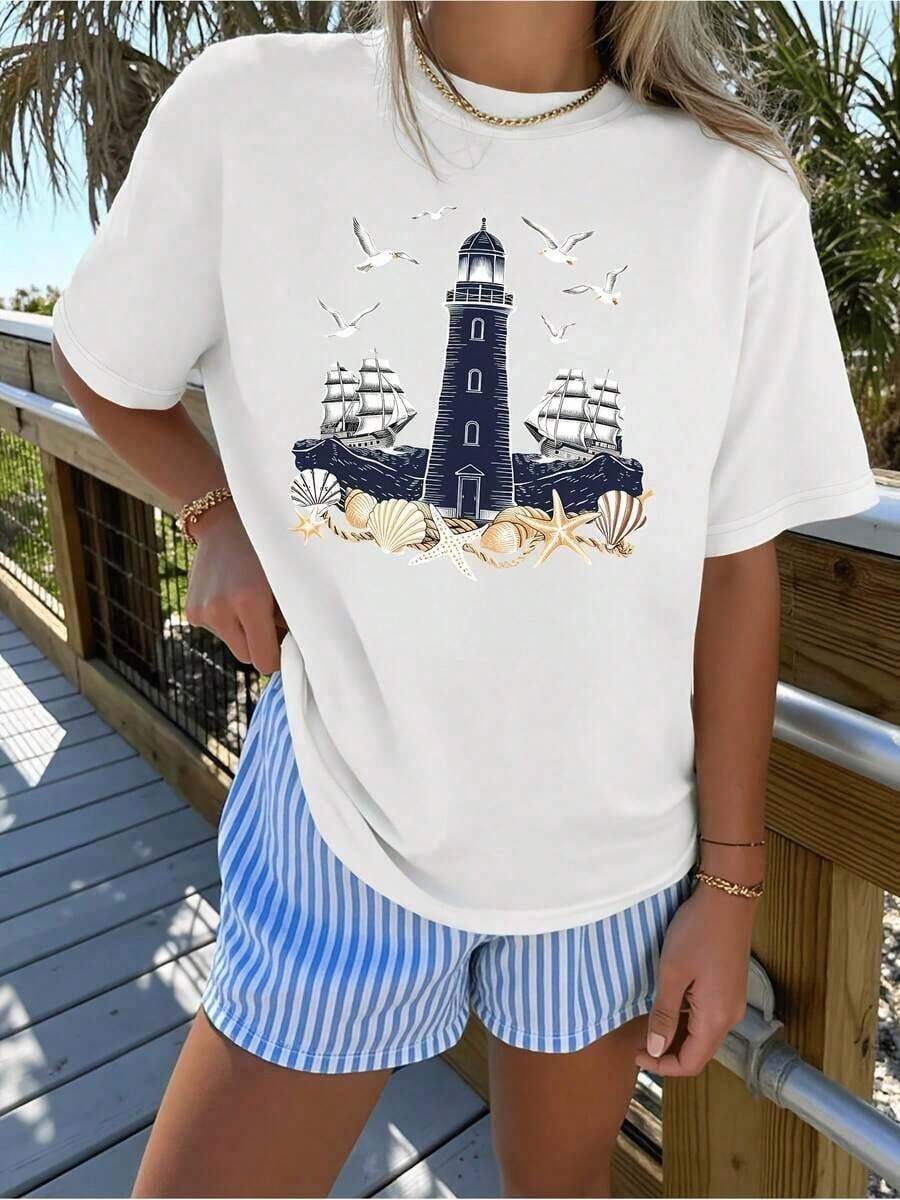 1 Piece Of Women's Summer Clothing: Women's Short-Sleeved T-Shirt With A Lighthouse And Sailboat Design, Round Neck, And Medium-Stretch Fabric. This Vintage-Style Shirt Is Comfortable And Breathable, Making It Perfect For Spring And Summer. 2026180g 100% Cotton - 白色 - 查看 1