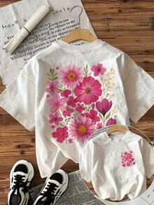 [Double Side Print] Vintage Floral Print Round Neck Short Sleeve T-Shirt, Summer Tops - White - View 1