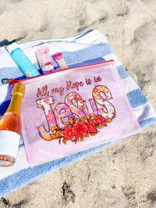 Bolsa de playa de malla de colores a prueba de agua, bolsa de maquillaje con estampado de letras florales "Jesús", bolsa de maquillaje transparente de gran capacidad - Multicolor - Ver 8