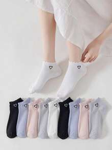 1/10 Paar Damen einfarbige Herz-Spitzenbesatz Knöchelsocken - Verschiedenfarbig - Übersicht 3