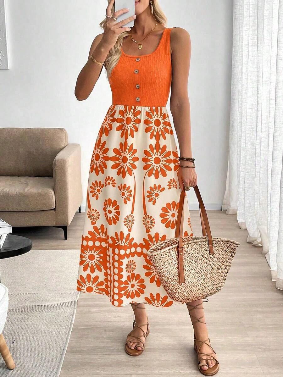 Vestido ajustado sin mangas con estampado de retazos de estilo vacacional para mujer - Naranja - Ver 1