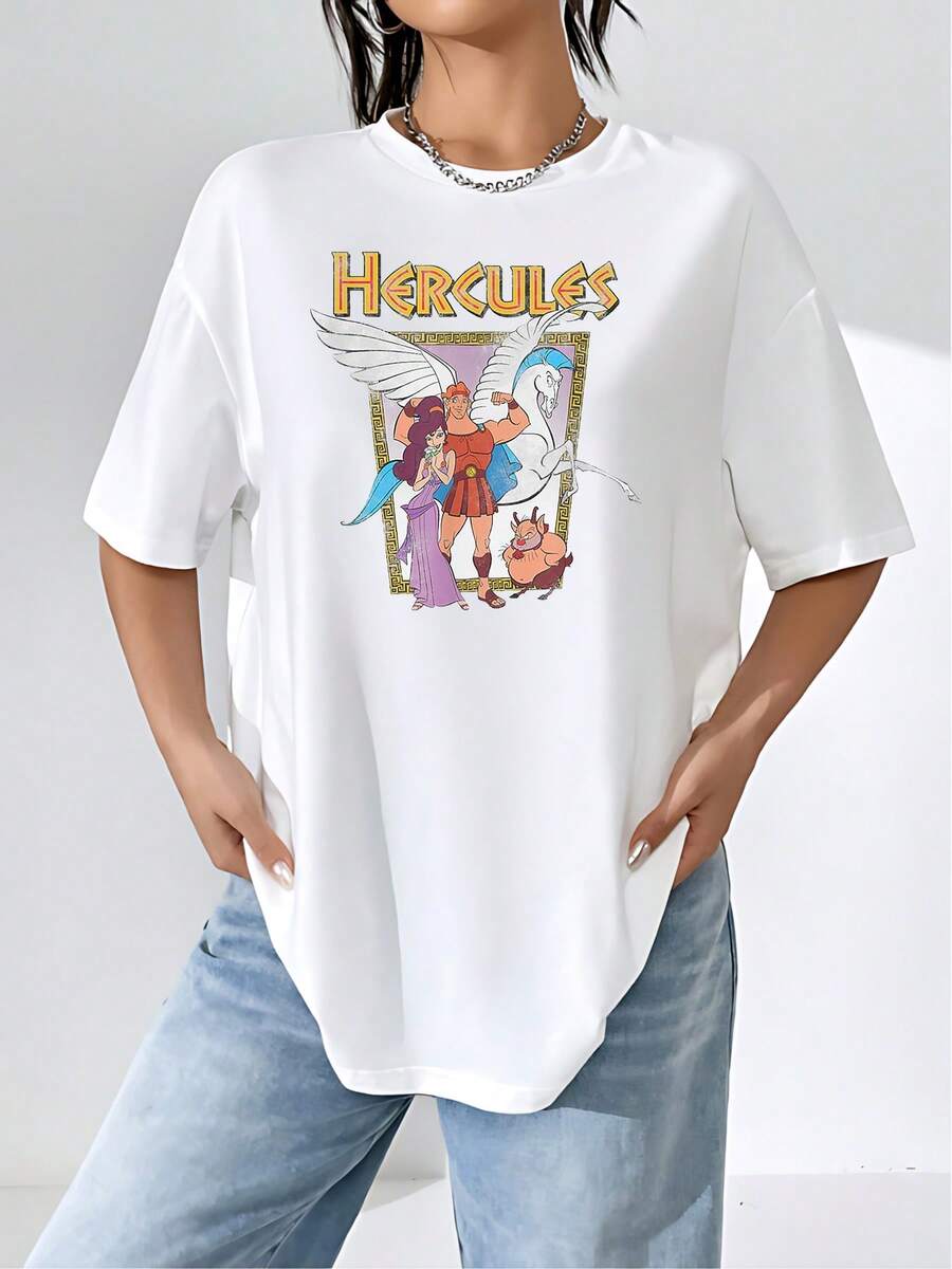 Ilustración de héroe mitológico Hércules junto a Pegaso y amigos que simboliza valentía, fuerza y lealtad, inspirado en la antigua Grecia y en historias épicas camisetas de mujer casual cómoda para uso diario y amante de lo clásico - Blanco - Ver 1