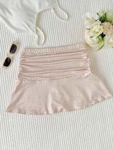 Minifalda acampanada fruncida con estampado de lunares para el verano - Caqui - Ver 3