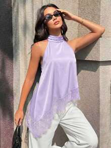Top de tirantes negro para mujer, bajo asimétrico, diseño sin espalda, con ribete de encaje en contraste, longitud regular para verano - Púrpura malva - Ver 7
