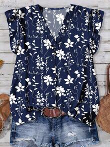 Camisa casual minimalista, bohemia, elegante, romántica, retro con estampado rosa, adecuada para la playa, vacaciones, atuendo de verano para mujer, camisa casual de verano para mujer - Azul marino - Ver 1