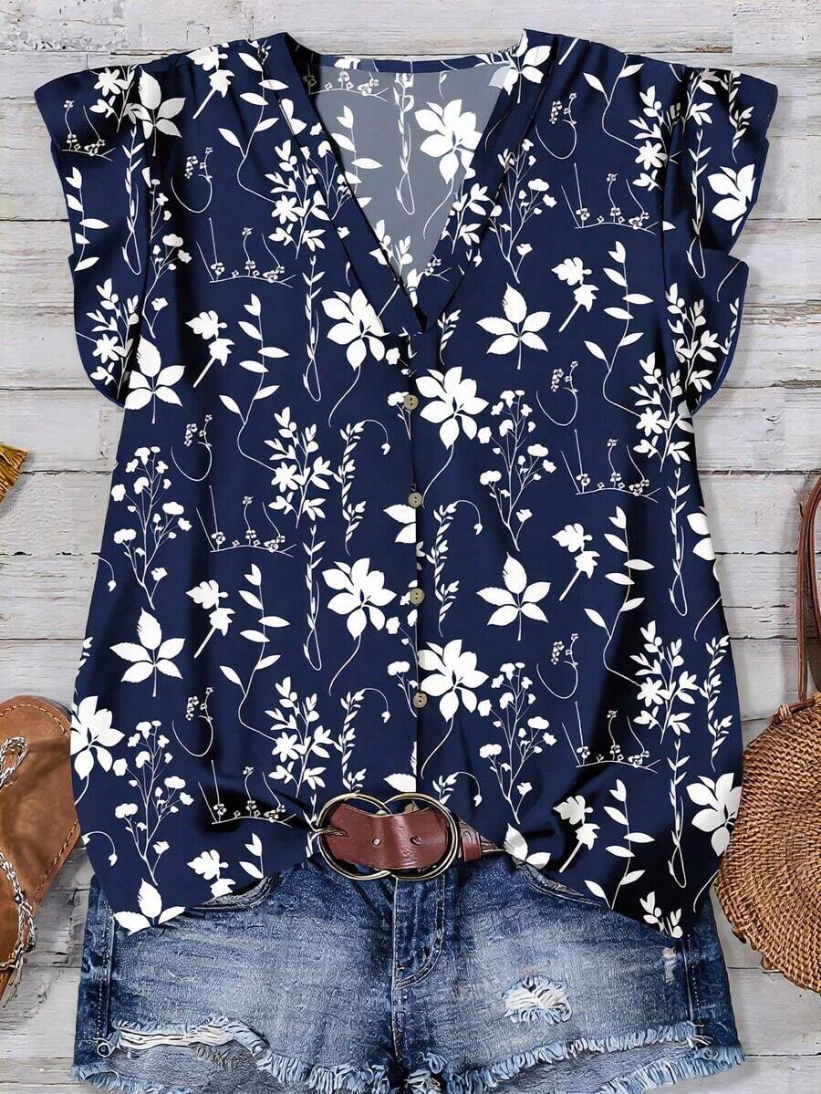 Camisa casual minimalista, bohemia, elegante, romántica, retro con estampado rosa, adecuada para la playa, vacaciones, atuendo de verano para mujer, camisa casual de verano para mujer - Azul marino - Ver 1