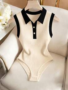 Elegante body de punto blanco con cuello vuelto y media cremallera, body de mujer para primavera/verano, ideal para vacaciones y playa - Multicolor - Ver 1