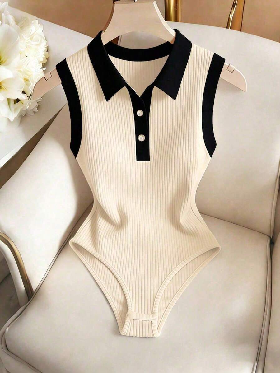 Elegante body de punto blanco con cuello vuelto y media cremallera, body de mujer para primavera/verano, ideal para vacaciones y playa - Multicolor - Ver 1