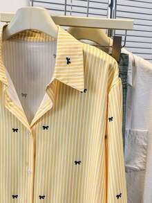 Camisa de manga larga con estampado a rayas y lazo, con botones delanteros, cuello de camisa, top casual, adecuado para primavera, otoño e invierno en color rosa - Amarillo - Ver 8