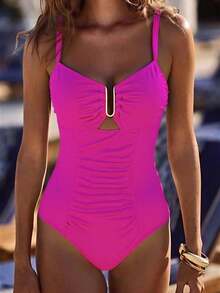 Swim Chiccia Nuevo traje de baño de una pieza elegante de unicolor, exquisito, para mujeres, para playa, natación y spa, temporada primavera/verano 2026 - Rosa Fucsia - Ver 8