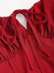 Vestido elegante sin mangas de mujer de unicolor con pliegues y atar delantero con calado - Burdeos - Ver 4