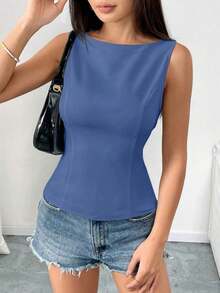 Camisa sin mangas con lazo en la espalda de unicolor, elegante, casual, sexy y minimalista para uso en la oficina y negocios para mujeres, primavera/verano - Azul - Ver 3