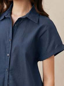 Nueva llegada Camisa casual de manga corta con botones delanteros de unicolor, adecuada para uso diario, primavera/verano - Azul 2 - Ver 7