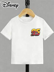 Disney 1pc, Cars Lightning Mcqueen Cartoon Pattern Print, Boys' Clothing, Summer Casual Cute Round Neck Short Sleeve T-Shirt, Fashionable Cool Atmosphere Full, Daily School/Casual Home/Outdoor Travel All-Match - trắng - Xem 3