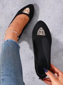 2026 Spring/Autumn New Black Velvet Pointed Toe Shoes, Fashion Leopard Head Crystal Decor Low Heel Low Vamp Comfortable Casual Soft Bottom Work Shoes - Black - View 6
