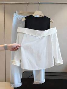 Blusa suelta de manga larga y hombros descubiertos de moda para mujeres - Blanco - Ver 2