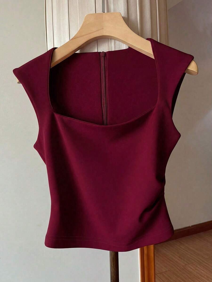 Camiseta de tirantes de mujer de color verde militar sólido con cremallera en la espalda, cintura fruncida a los lados, cuello cuadrado - Burdeos - Ver 1