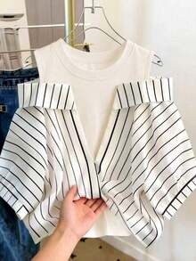 Conjunto de vacaciones para mujer con camisa a rayas de dos piezas falsa - Blanco - Ver 6