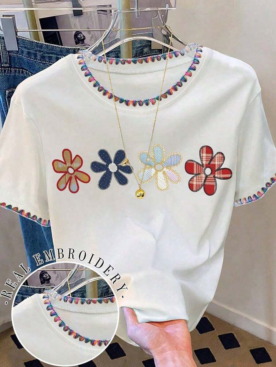 Camiseta casual de mujer con cuello redondo y hombros caídos, con bordado floral, 4 estampados florales diferentes, cómoda y casual para uso al aire libre, adecuada para todas las estaciones - Blanco - Ver 1
