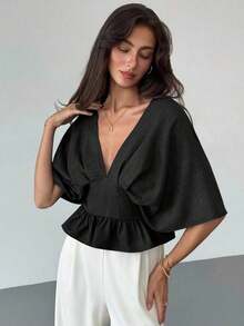 Blusa de manga de murciélago de unicolor elegante para mujer, de verano - Negro - Ver 5