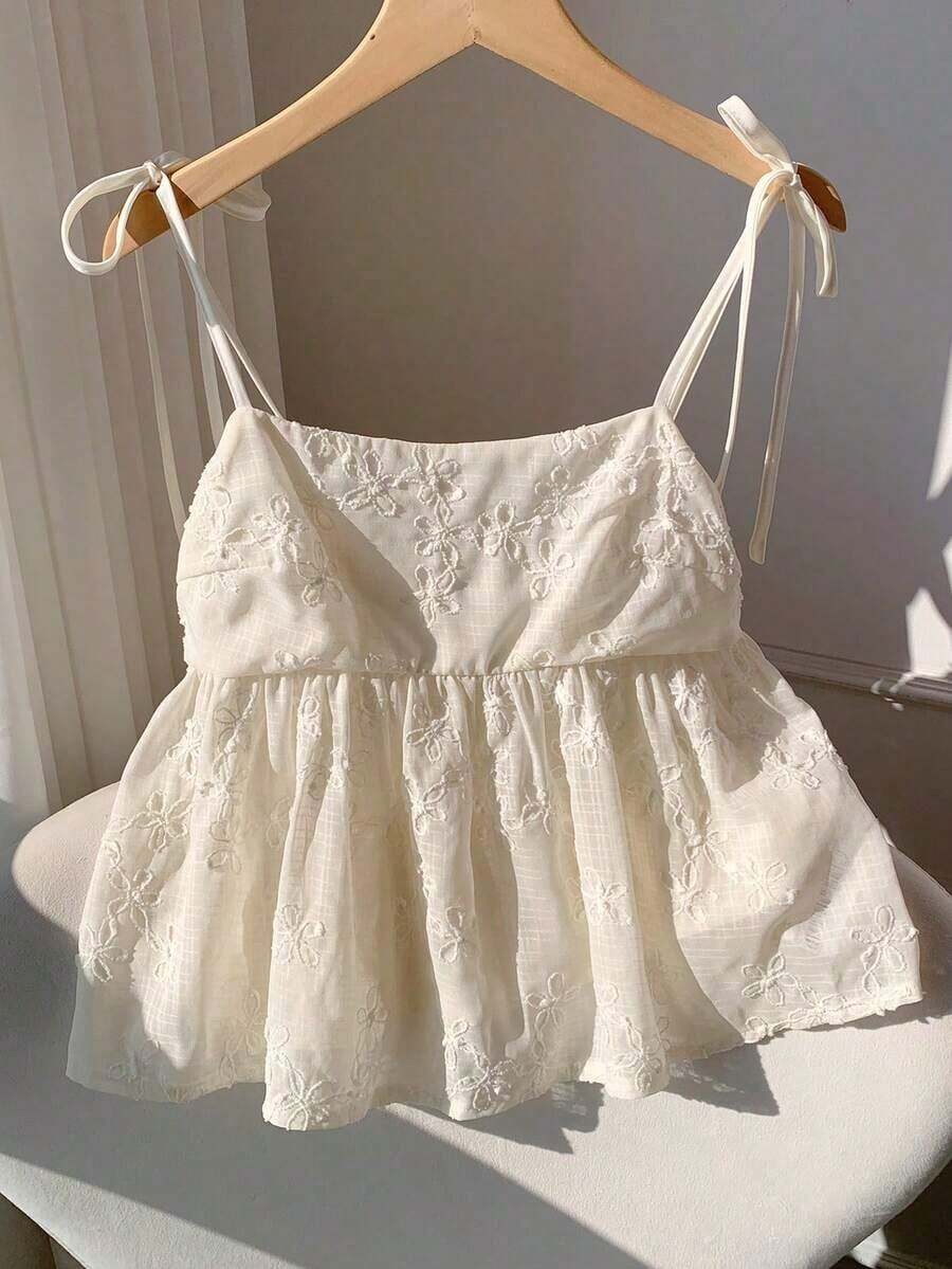 Camiseta de tirantes de mujer con lunares tejidos en blanco - Albaricoque - Ver 1