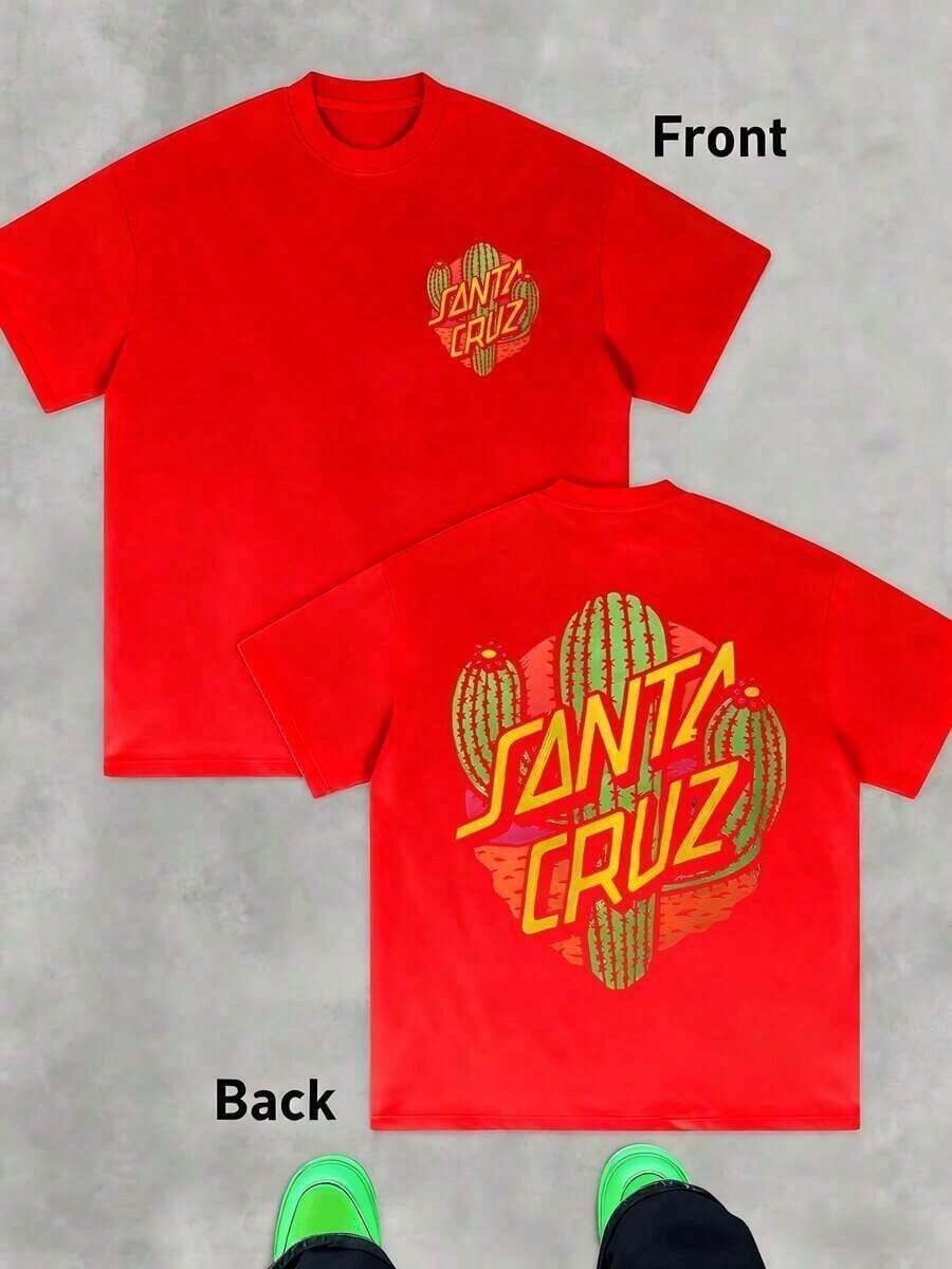 Green Cacti Symbolizing Vital Resistance Against The Desert Sun, Accompanied By The Text "" In Yellow Tones On A Dark Background, Express Youthful Energy And Adventurous Freedom. T-Shirt, Double-Sided, 100% Cotton, 220g - 灰色的 - 查看 1