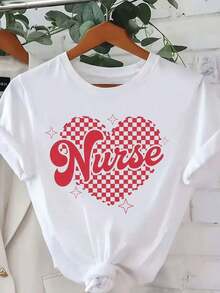 Women's Casual Short Sleeve T-Shirt - Heart And Star Check Print, Nurse Text Design, Semi-Sheer Crew Neck, Machine Washable, Regular Fit For Spring, Summer And Year-Round Wear, Fashionable For All Seasons, Comfortable Fit T-Shirt - 白色 - 查看 6