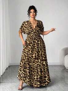 Elenzya Vestido maxi elegante de talla grande para mujer con cuello en V, estampado de leopardo, manga corta fruncida y falda acampanada - Amarillo - Ver 3