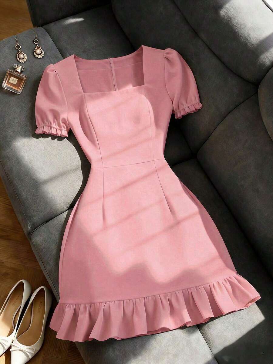 Vestido casual de línea A de manga corta con cuello cuadrado y perlas, unicolor elegante, adecuado para invitados, banquetes, cumpleaños, fiestas, verano/otoño, citas, ir al trabajo, estilo callejero, color albaricoque - Rosa - Ver 1