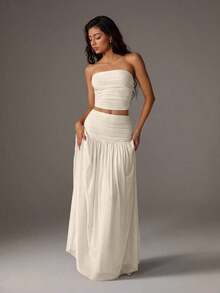 Unity Conjunto de 2 piezas de top corto de bustier de malla de unicolor y falda larga para mujer - Albaricoque - Ver 3