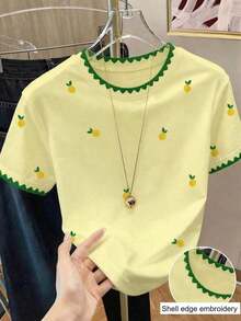 Camiseta casual de mujer con estampado de limón, camiseta gráfica con patrón de limón bordado falso de cuello redondo y estampado digital todo sobre - Multicolor 4 - Ver 1