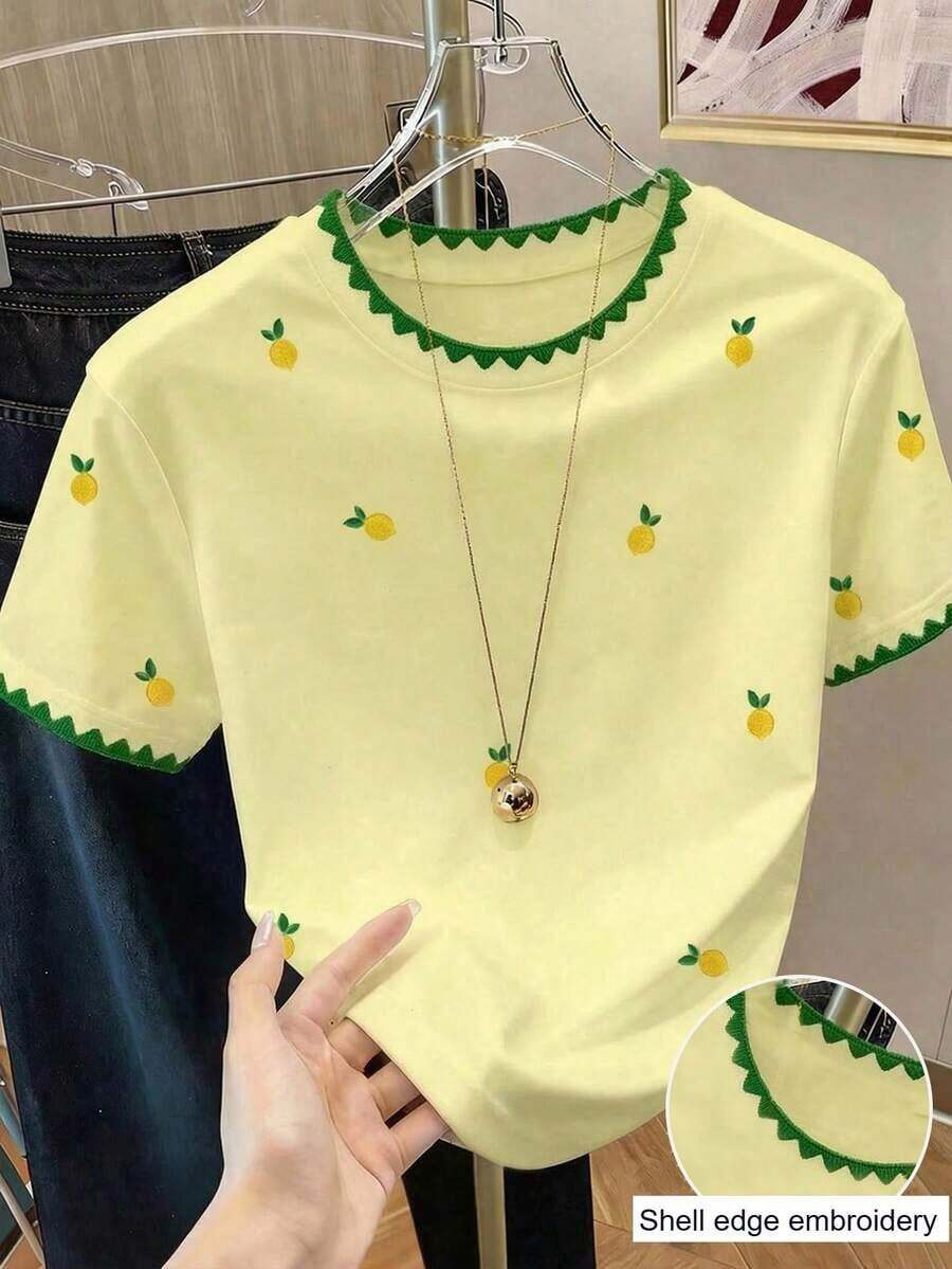 Camiseta casual de mujer con estampado de limón, camiseta gráfica con patrón de limón bordado falso de cuello redondo y estampado digital todo sobre - Multicolor 4 - Ver 1