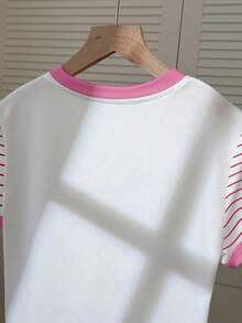 Camiseta de mujer de manga corta con cuello redondo, bloque de color, bordado de corazón a rayas y versátil - Multicolor - Ver 5