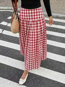 Falda larga de línea A a cuadros elegante y casual para mujer ELVA, adecuada para la playa, ligeramente elástica, apropiada para conciertos, fiestas del té, festivales, el Día de la Madre y otras ocasiones, también adecuada para la escuela, ceremonias de graduación, bodas y cómoda para el trayecto diario de primavera - Rojo y blanco - Ver 8