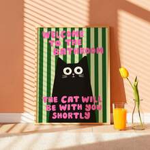 1 pieza Arte de pared de baño con gato negro divertido "El gato estará contigo en breve" Impresión en lienzo|Decoración del hogar moderna con rayas verdes de dopamina para baño, dormitorio, sala de estar o inodoro, póster de gatito lindo, regalo para ella, sin marco, pergamino colgante de madera o enmarcado - patrón - Ver 5