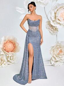 Vestido de fiesta con hombros descubiertos, calado en forma de espina de pescado, fruncido en la cintura alta con cinta, abertura en el muslo, espalda descubierta con lazo, largo hasta el piso, adecuado para invitados de boda, eventos formales, graduación y citas nocturnas - Gris - Ver 8