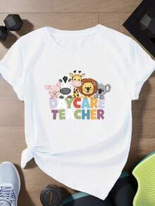 Camiseta casual de verano para mujer, camiseta de manga corta para damas, muy adecuada para maestras de guardería, camiseta elegante y a la moda. - Blanco - Ver 1