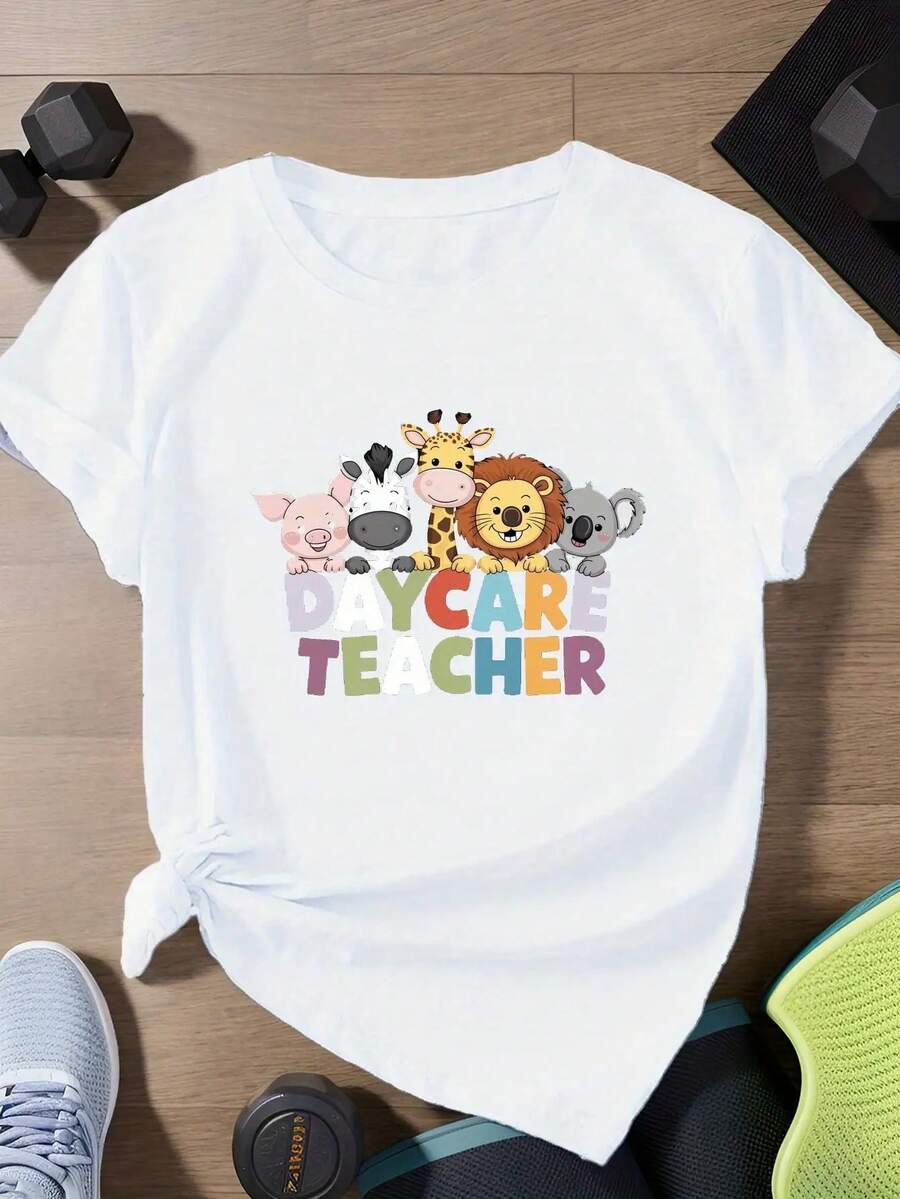 Camiseta casual de verano para mujer, camiseta de manga corta para damas, muy adecuada para maestras de guardería, camiseta elegante y a la moda. - Blanco - Ver 1