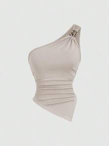 Blusa de unicolor minimalista con cuello asimétrico y hebilla de metal para mujer - Multicolor 9 - Ver 3