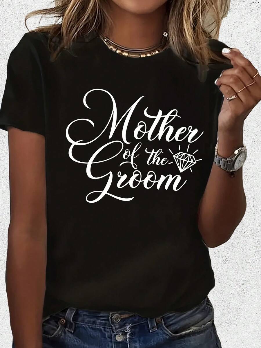 Vintage T-Shirts For Mothers Of The Bridesmaids - Casual Short-Sleeve T-Shirt In Black With Elegant White Letter Print, Medium Stretch, Machine Washable, Regular Fit, Crew Neck, Suitable For Weddings And Formal Events, Loose Fit T-Shirt For Wedding Guests. | Elegant Lettering, 100% Cotton - 黑色 - 查看 1