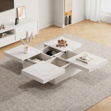 Modern White Square Coffee Table With Marble Look, 90 X 90 X 25 Cm – Four Drawers, Sliding Top, Load Capacity Up To 30 Kg. - White - View 12