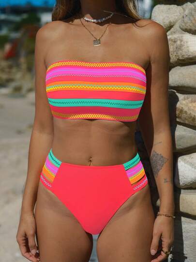 popvil Seksowny damski komplet bikini bandeau z odpinanymi ramiączkami, kolorowy, w paski, z wysokim stanem, idealny na letnie wakacje na plaży