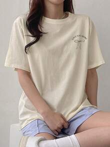 Women's T-Shirt With Letter Print On The Front And Back, Cute Blouses With Graphic Designs, Women's Cotton T-Shirts - 風格 - 查看 6