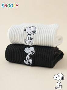 2 Pairs Of Men's Mid-Calf Crew Socks From The SNOOPY Series, Featuring Cute, Fun And Personalized Cartoon Puppy Embroidery. - Black and White - View 2