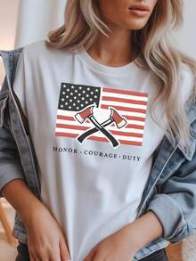 Fireman's Axe T-Shirt With The American Flag, Honor, Courage, Duty. Unisex 220g Pure Cotton T-Shirt. Ideal Weight For All Seasons, Suitable For Men And Women. Durable, High-Quality Fabric, Soft To The Touch And Long-Lasting. Breathable T-Shirt. Suitable For Spring And Summer, Holidays, Mother's Day, Independence Day. - 白色 - 查看 1