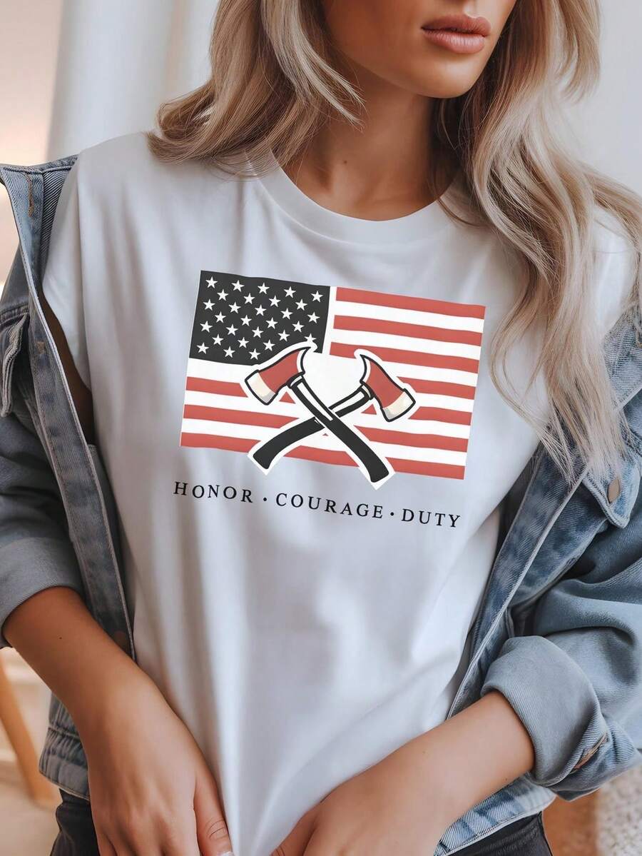 Fireman's Axe T-Shirt With The American Flag, Honor, Courage, Duty. Unisex 220g Pure Cotton T-Shirt. Ideal Weight For All Seasons, Suitable For Men And Women. Durable, High-Quality Fabric, Soft To The Touch And Long-Lasting. Breathable T-Shirt. Suitable For Spring And Summer, Holidays, Mother's Day, Independence Day. - 白色 - 查看 1