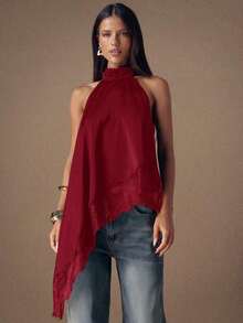 Top de satén con parches de encaje elegante sin espalda, blusa sexy de cuello halter sin mangas para fiestas, cócteles, ocasiones formales, Navidad y casual de negocios - Burdeos - Ver 1
